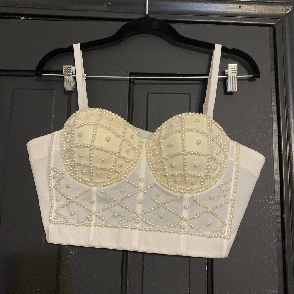 white pearl beaded corset top